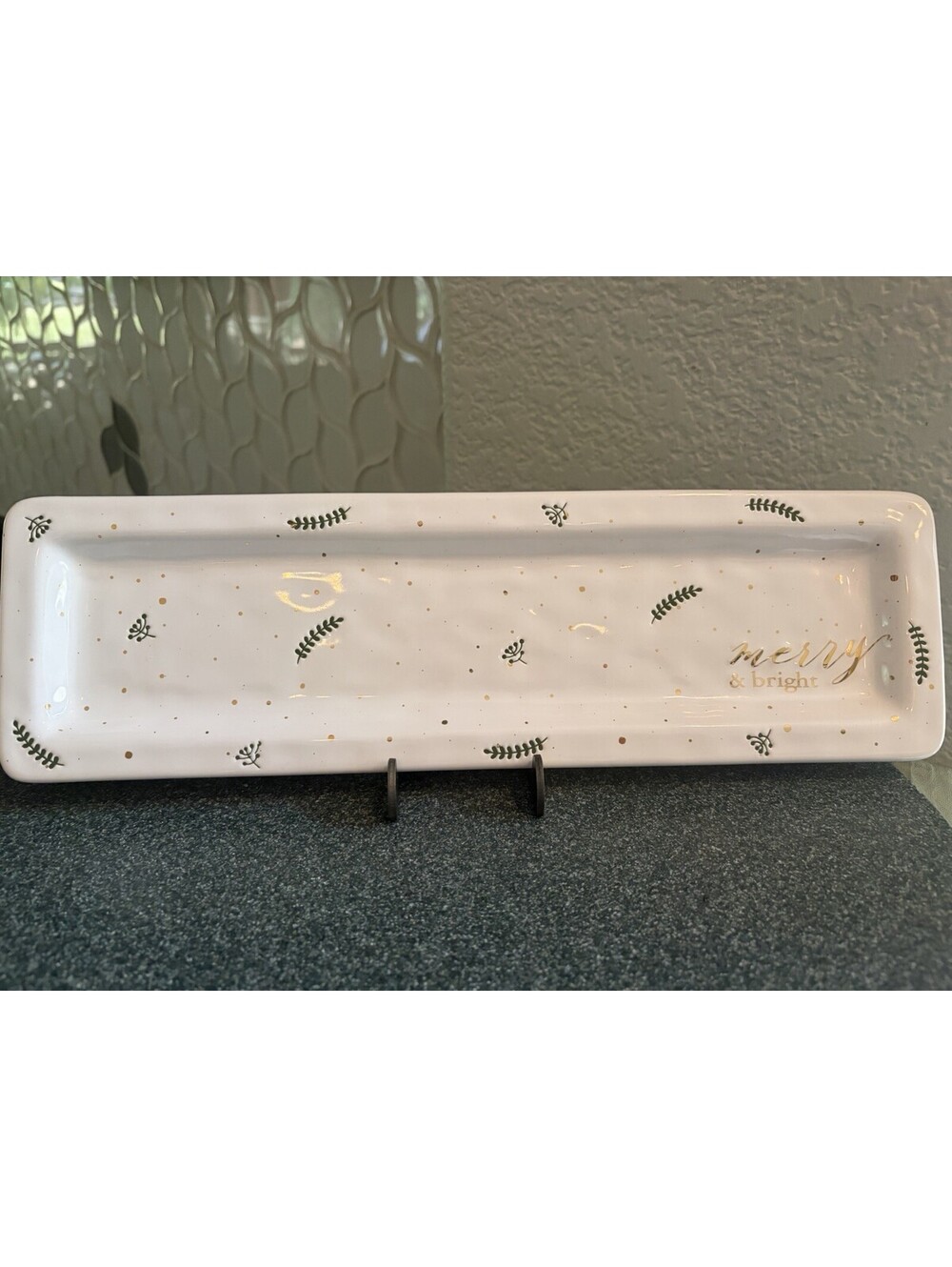 Mud Pie Gold Letters Merry And bright Green Foliage Rectangular Serving Platter